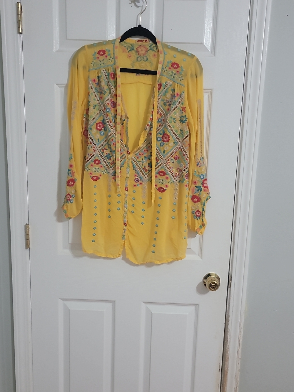 Johnny Was Yellow Embroidered Tie-Front Tunic